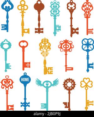 Colorful keys set of different shape ornament and secrecy in vintage style isolated vector illustration Stock Vector