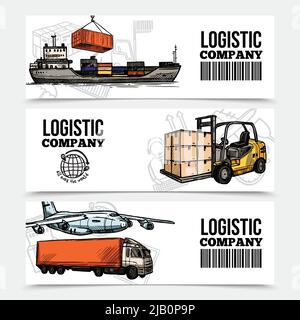 Logistics horizontal banners with different transport vehicles in hand drawn style vector illustration Stock Vector