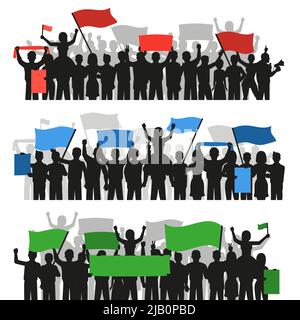 Three horizontal flat banners with crowds of monochrome protesting people silhouettes holding colorful flags isolated vector illustration Stock Vector