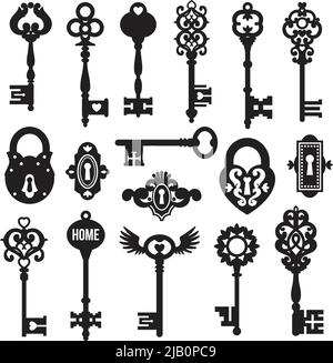 Black keys and locks set on white background in vintage style isolated vector illustration Stock Vector