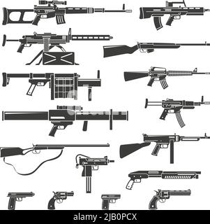 Flat design weapons guns rifles and pistols monochrome set isolated vector illustration Stock Vector