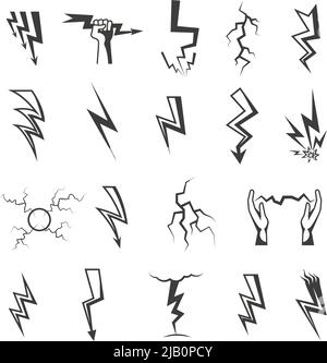 Different lightning strikes monochrome icons set isolated on white background doodle vector illustration Stock Vector