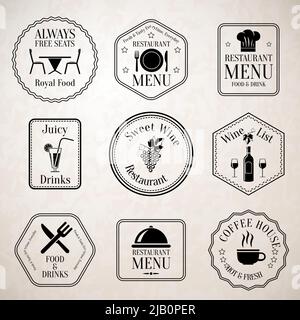 Restaurant menu food and drinks wine list black labels set with serving elements isolated vector illustration Stock Vector