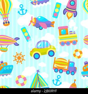 Toy transport cartoon seamless pattern with vehicles and clouds stripes on background vector illustration Stock Vector