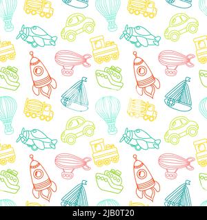 Toy transport outline seamless pattern with car airplane space rocket boat vector illustration Stock Vector