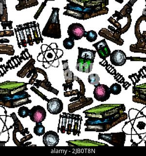 Science education sketch seamless wallpaper with atom structure flask laboratory equipment vector illustration Stock Vector