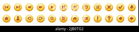 Golden buttons with icons for website, music or video player. Vector cartoon set of round gold signs of play, pause, search, mail, sound, arrows, check and cross marks isolated on white background Stock Vector