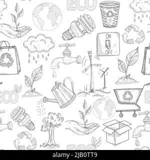 Doodle ecology seamless pattern with plants nature conservation symbols vector illustration Stock Vector