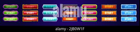 Start buttons with different textures for game menu interface. Vector cartoon set of active, normal and hover buttons with frame from rusty iron, ice, jelly with bubbles, metal and stone bricks Stock Vector