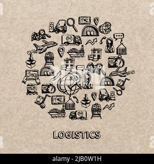 Logistic concept with sketch delivery and shipping decorative icons on paper background vector illustration Stock Vector