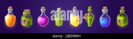 Bottles with magic potions and poisons. Vector cartoon set of glass flasks and vials with different color liquid potions, green acids, corks and tags with skull and crossbones sign Stock Vector