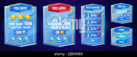 Game boards with win and lose banners, best players list, rate and share buttons. Vector cartoon set of blue glass gui elements, complete and failed level screens Stock Vector