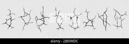 Ground cracks top view, earthquake cracking holes, ruined land surface crushed texture. Destruction, split, damage fissure effect after disaster isolated on transparent background. Realistic 3d vector Stock Vector