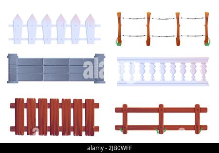 Fence, vector wooden and stone railings. Farm palisade gates, balustrade with pickets or barbwire. Enclosure banister or fencing sections with decorative pillars 2d elements, isolated cartoon set Stock Vector