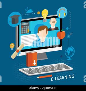 Education school university e-learning flat poster with monitor and icons set vector illustration Stock Vector