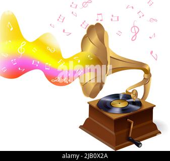 Vintage retro vinyl plates gramophone on music notes and signs background template vector illustration Stock Vector