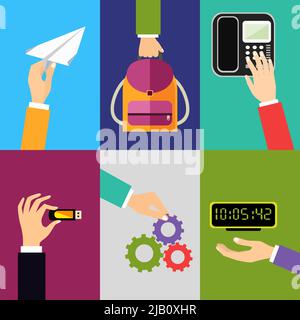 Business hands gestures design elements of holding paper plane backpack touching phone isolated vector illustration Stock Vector