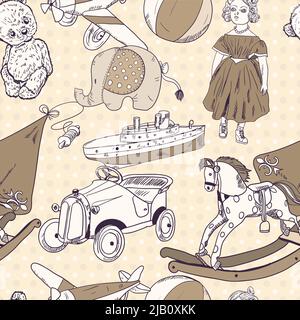 Old style kids toys sketch seamless pattern of kite ball rocking horse doll vector illustration Stock Vector