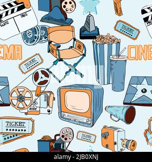 Cinema film entertainment decorative seamless pattern with director chair drink clapper design elements vector illustration Stock Vector