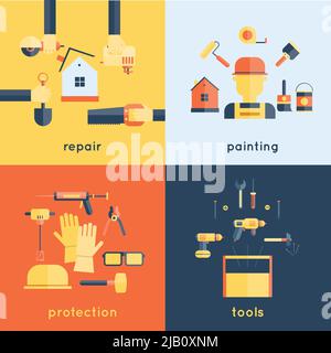Home repair painting brush construction tools measuring tape flat icons composition design vector illustration Stock Vector