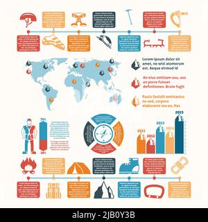 Mountain summit ascent records world map and climbing equipment