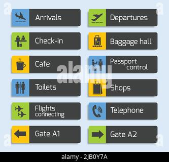 Airport navigation design signboard set with plane arrival departure passport and luggage control icons isolated vector illustration Stock Vector