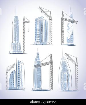 Skyscrapers buildings construction icons set with cranes isolated sketch vector illustration Stock Vector