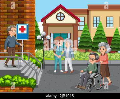 Outdoor park with elderly people and caregivers illustration Stock Vector