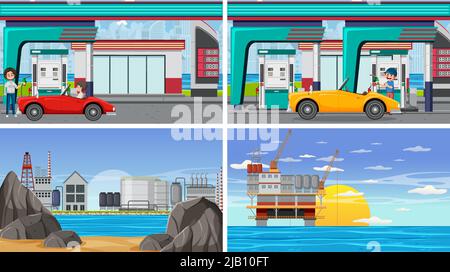 Four different petroleum industry scenes illustration Stock Vector