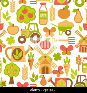 Farming harvesting and agriculture seamless pattern of mill tractor wheelbarrow and spade vector illustration Stock Vector