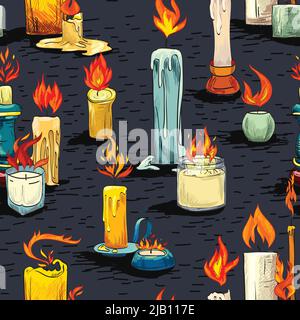 Vintage retro wax flame colorful sketch holiday and decoration candles seamless pattern vector illustration Stock Vector