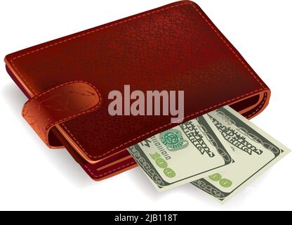 Classic brown leather pocket wallet filled with dollar bills vector illustration Stock Vector