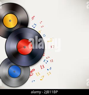 Abstract music vinyl plates background poster with colored notes vector illustration Stock Vector