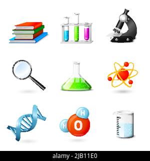 Science realistic  icons set with books beakers microscope magnifier isolated vector illustration Stock Vector