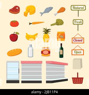 Collection of flat supermarket food items of fresh and natural vegetables fruits meat and dairy products isolated vector illustration Stock Vector