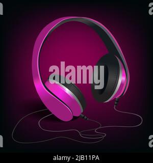 Pair of pink music headphones with wire on purple background poster vector illustration Stock Vector