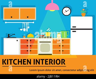 Kitchen interior modern home food cooking flat line design vector ...
