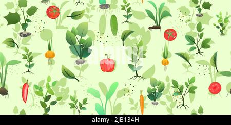 Seedling garden plants and Sunflower seeds. Sowing agricultural material. Vegetables fruits. Seamless pattern. Vector. Stock Vector