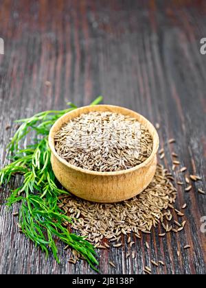 Cumin seeds in a bowl and on table, a green twig of plant on background of wooden board Stock Photo