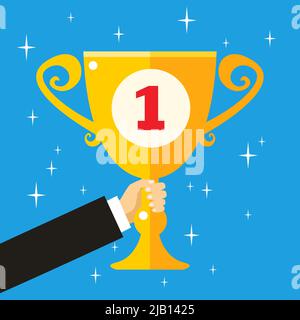 Business hand holding trophy cup for goal achievement vector illustration Stock Vector