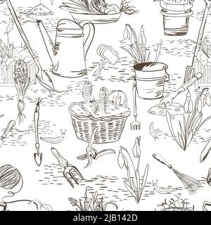 Hand drawn seamless sketch with gardening tools of shovel bucket pruner hoe and pot vector illustration Stock Vector