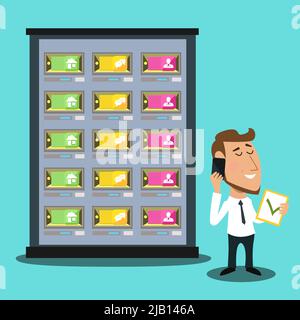 Adult IT support engineer with mobile phone in network technology datacenter vector illustration Stock Vector
