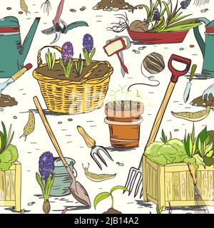 Hand drawn seamless gardening tools for plants flowers farming and agriculture pattern background vector illustration Stock Vector