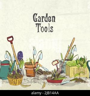 Hand drawn gardening tools album cover border or frame for plants flowers farming and agriculture vector illustration Stock Vector