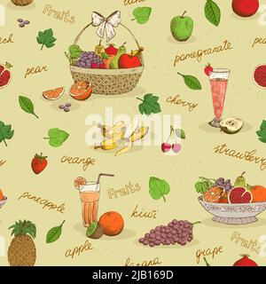Fruits seamless pattern with names background vector illustration Stock Vector