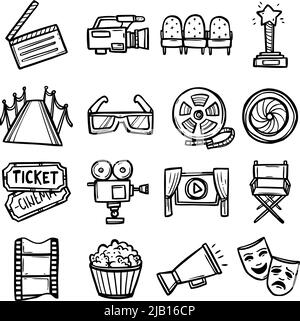 Cinema and entertainment arts hand drawn decorative icons set with clapperboard camera chairs award isolated vector illustration Stock Vector