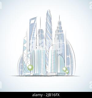 Eco green buildings icons of skyscrapers isolated sketch vector ...