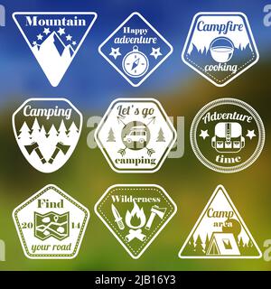 Outdoors tourism camping flat emblems set of mountain trees and nature isolated vector illustration Stock Vector