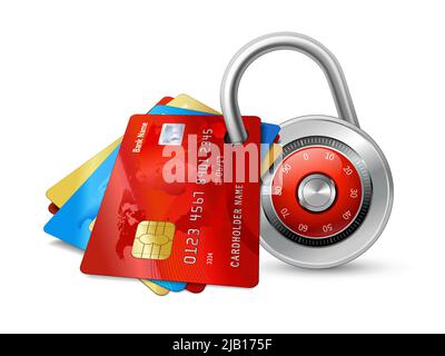 Set of secure credit cards with chips protected by encryption padlock isolated vector illustration Stock Vector