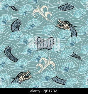 Asian seamless with dragon and waves vector illustration Stock Vector